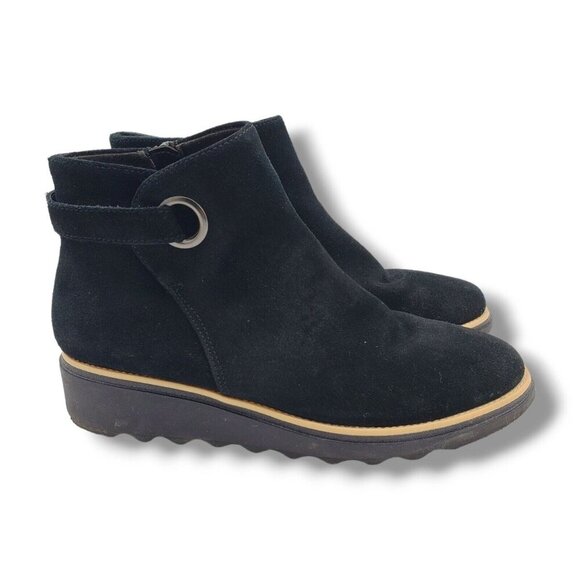 Clarks Collection Sharon Spring Boot Womens 7.5 Black Suede Wedge - Picture 1 of 9